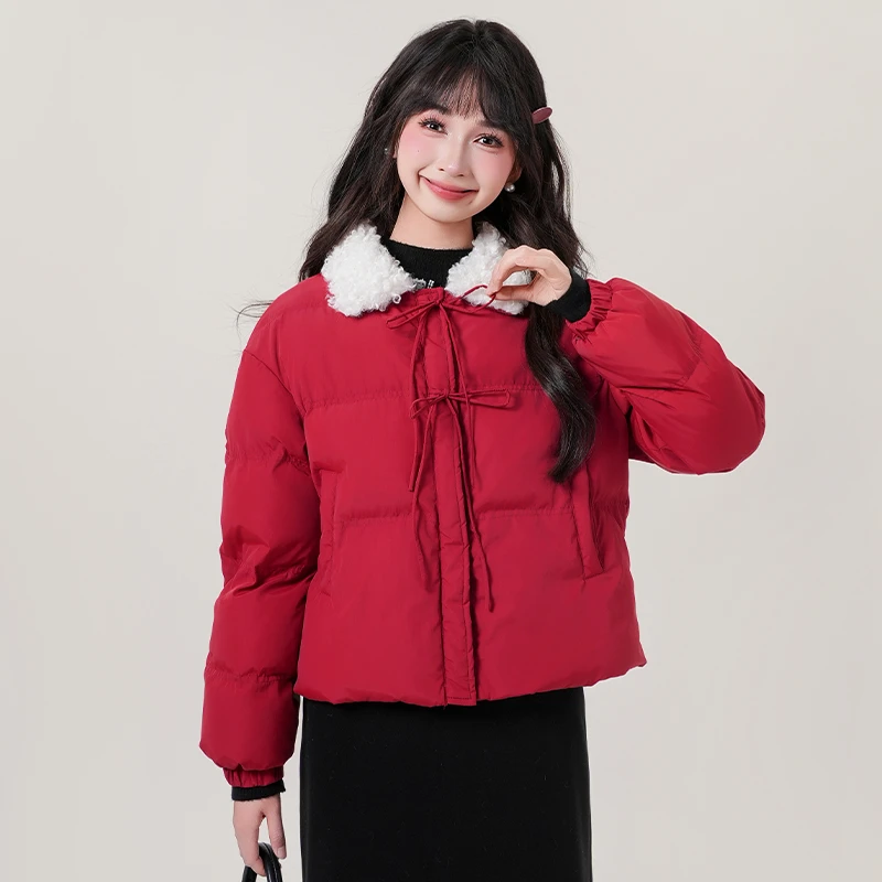 【主播穿 安哥拉红】慕兔小清新紫色蝴蝶结设计棉服新款保暖上衣