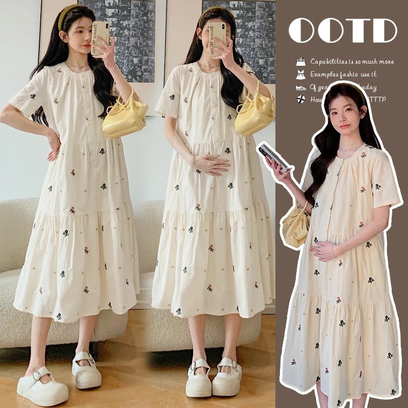 孕妇装春夏夏季新款设计感宽松显瘦百搭碎花中长款短袖孕妇连衣裙