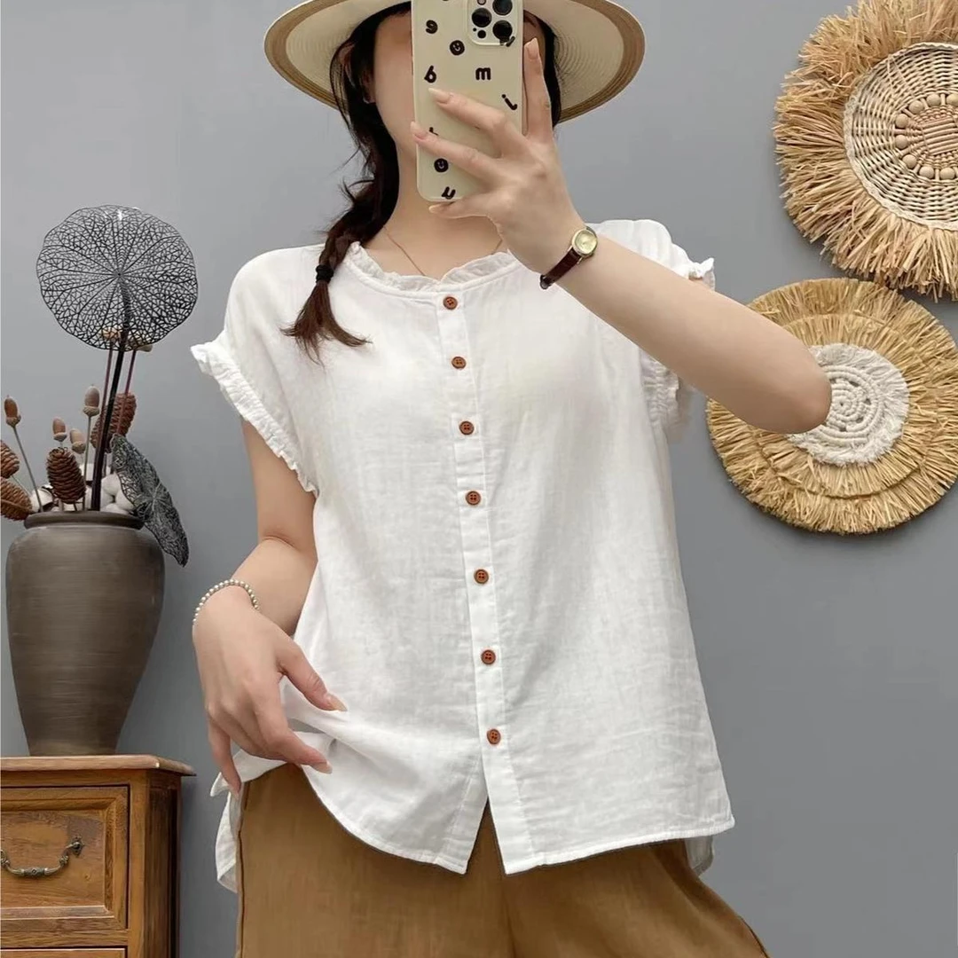 韩版文艺气质洋气小清新花边领花边袖设计感衬衫简约通勤纯棉上衣