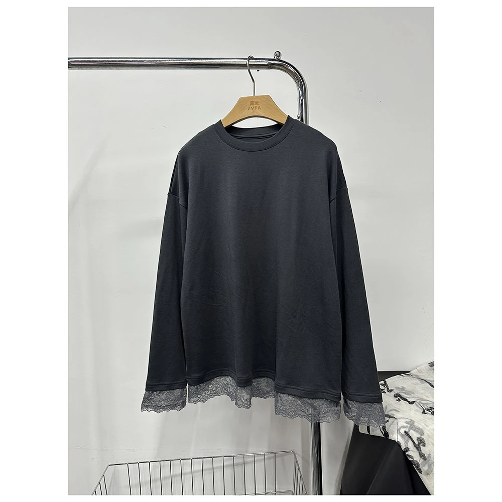 T522   秋季新款女士纯色宽松圆领长袖拼接蕾丝下摆休闲上衣女