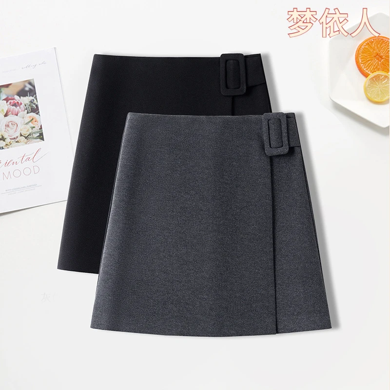 秋冬毛呢显瘦高腰短裙女装半身裙A字裙 中长裙厚款纯色拼接设计侧