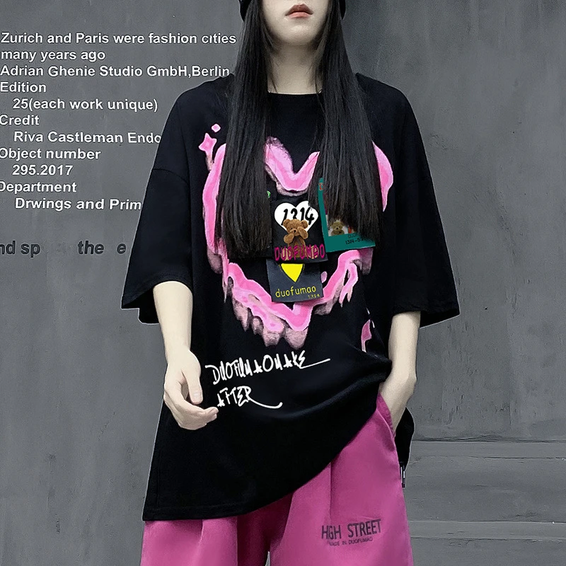 M家潮牌欧洲站女装黑色短袖T恤女宽松2025新款夏酷酷风格炸街上衣