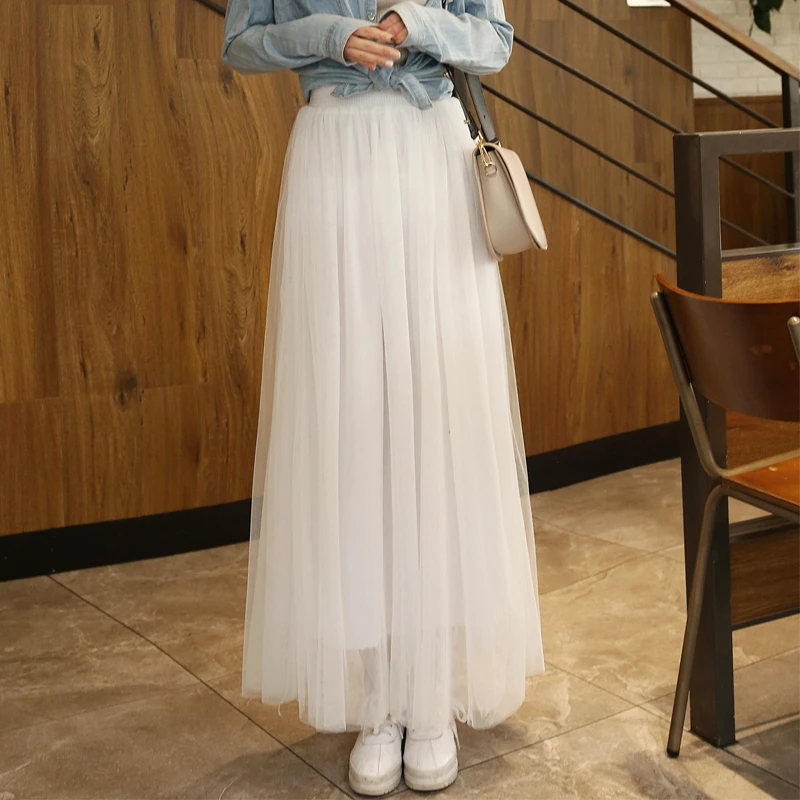 新款时尚春夏四季女大摆高腰显瘦百搭网纱半身裙白色A字裙仙女裙