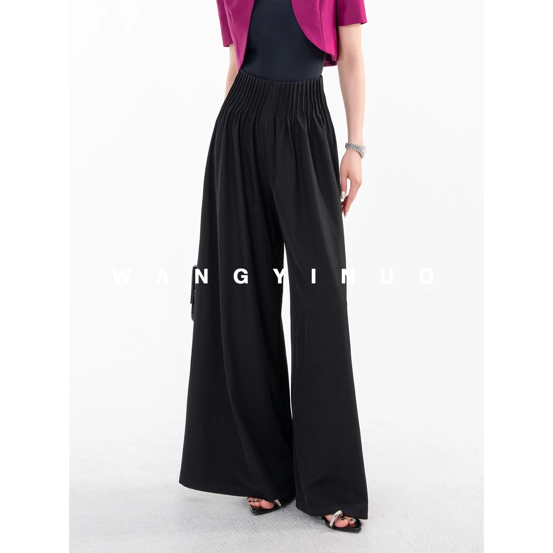 【MD原创×阔腿超模】2025夏季时尚褶皱高腰阔腿裤纯色百搭裤子
