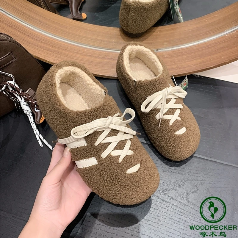 woodpecker/啄木鸟冬季新款加绒加厚保暖舒适棉靴一脚蹬女毛毛鞋
