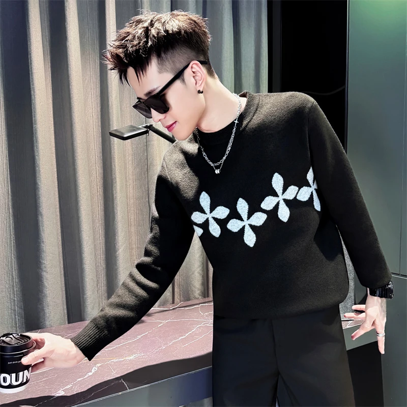 撞色提花毛衣男款冬季潮流时尚针织衫痞帅气保暖打底衫高级感男装