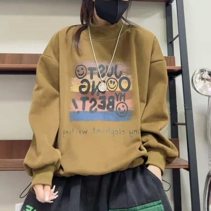 8197厚款加绒宽松休闲百搭字母笑脸卫衣