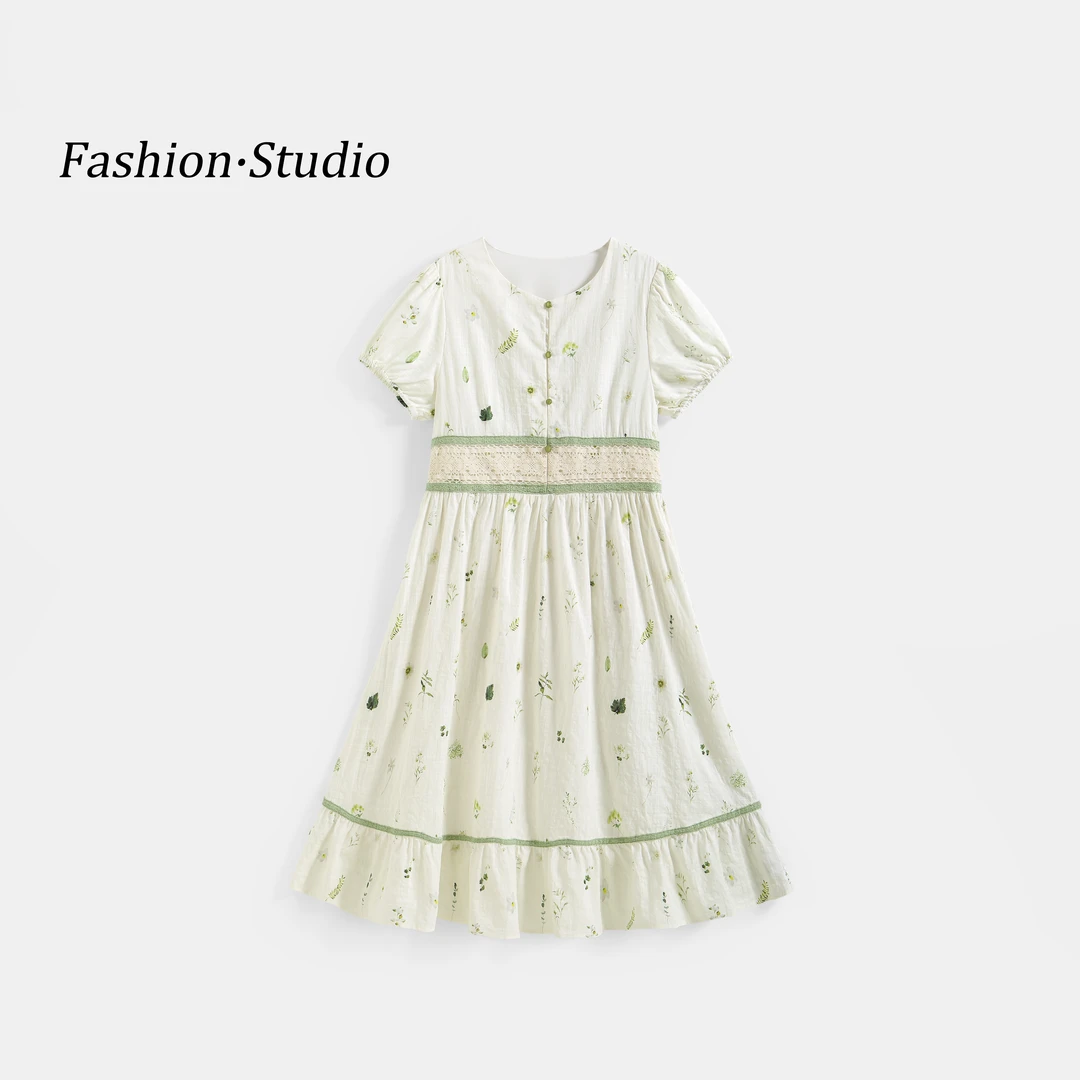 女童碎花气质夏季甜美象牙白刺绣连衣裙长裙泡泡袖春夏QZ0026