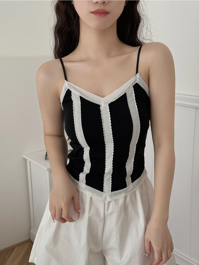 新款撞色小v领吊带冰丝乳胶杯杯蕾丝小吊带背心通勤辣妹美背外穿