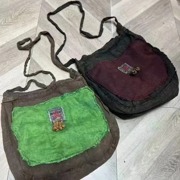 包复古撞色拼色设计师斜跨单肩肩包做旧拼接休闲时尚水洗亚麻包