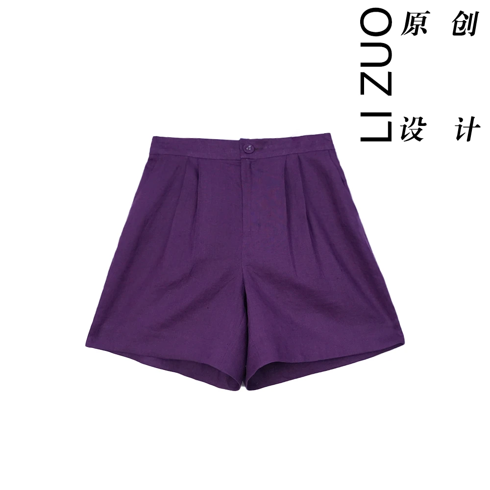 大码胖mm老钱风纯亚麻时尚百搭半松紧腰短裤9528