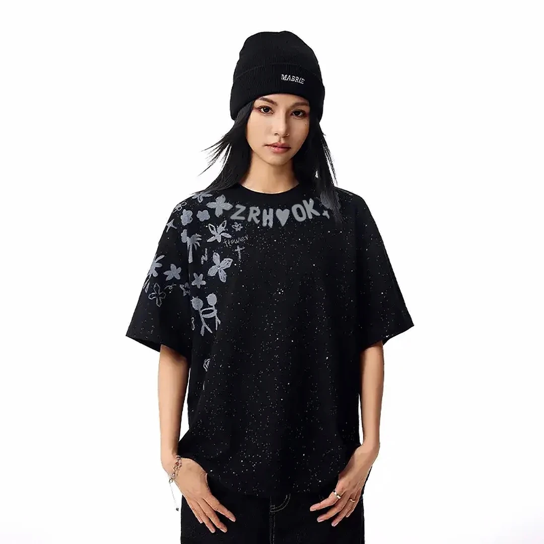 美式高街满天星闪闪黑色短袖男款情侣夏季宽松高级感纯棉t恤上衣