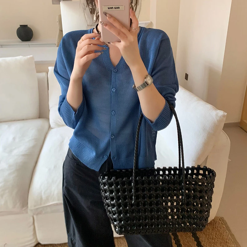 「亚麻开衫」剪刀领夏季长袖针织衫女宽松显瘦百搭薄款上衣潮-3066