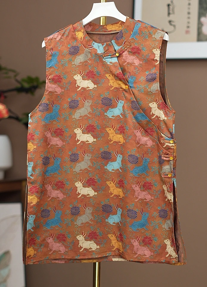 新中式无袖背心衬衫女2025年夏季新款高级感印花盘扣立领国风马甲