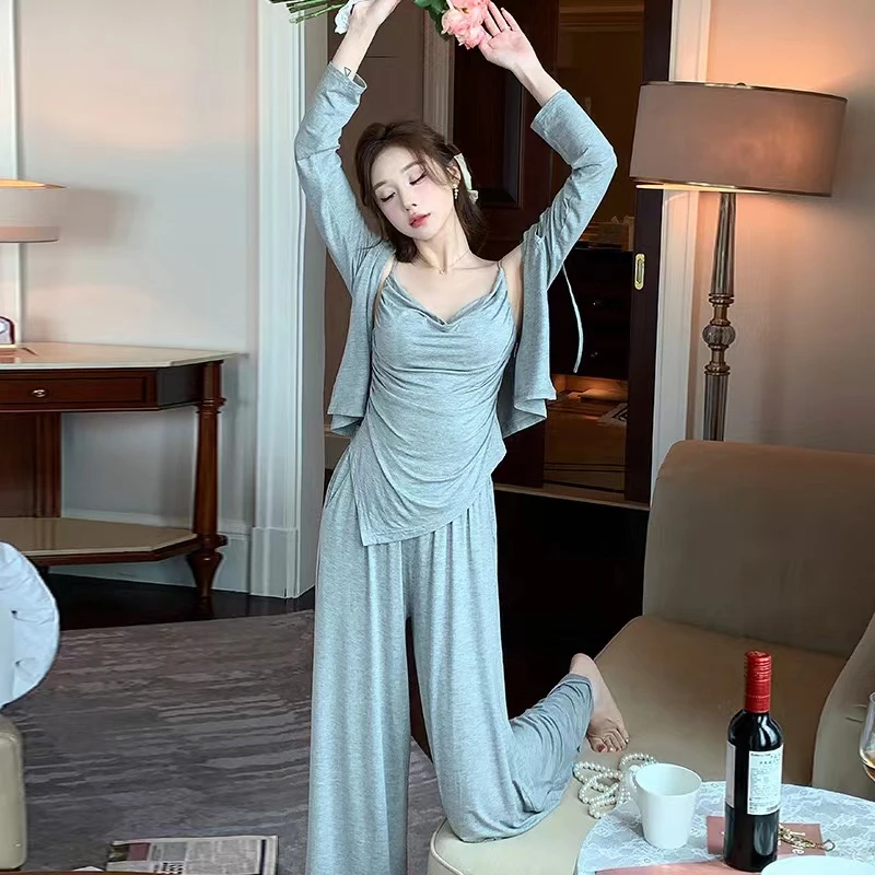 法式春夏吊带小衫带胸垫三件套睡衣家居服