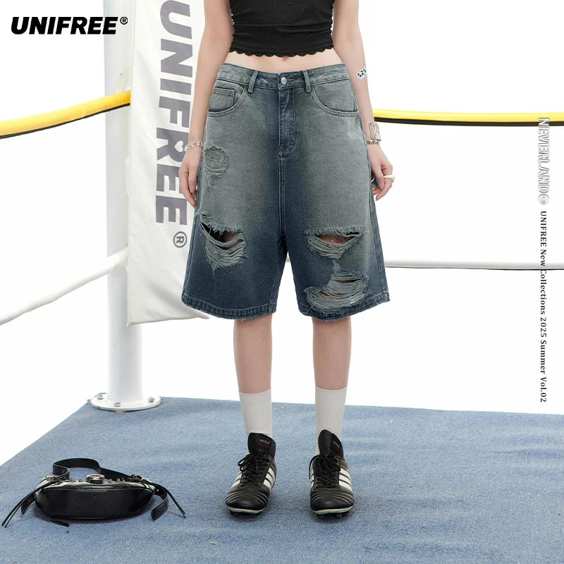 unifree【25年夏】复古高街破洞牛仔五分裤美式做旧宽松直筒裤子