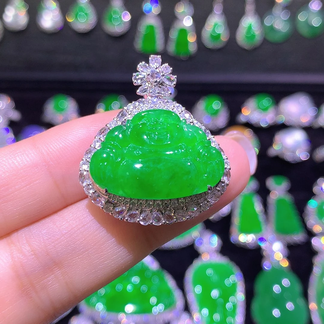 翡翠18K金镶嵌颈饰高冰满绿弥勒佛吊坠