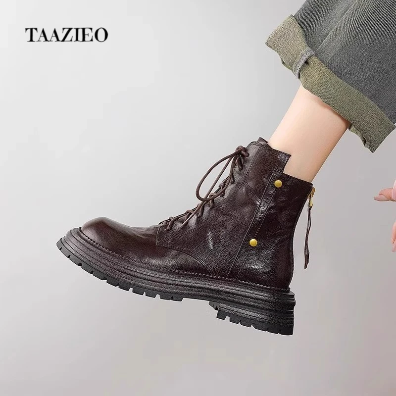 TAAZIEO手抓羊皮~英伦风厚底短靴秋冬新款复古百搭马丁靴子女真皮
