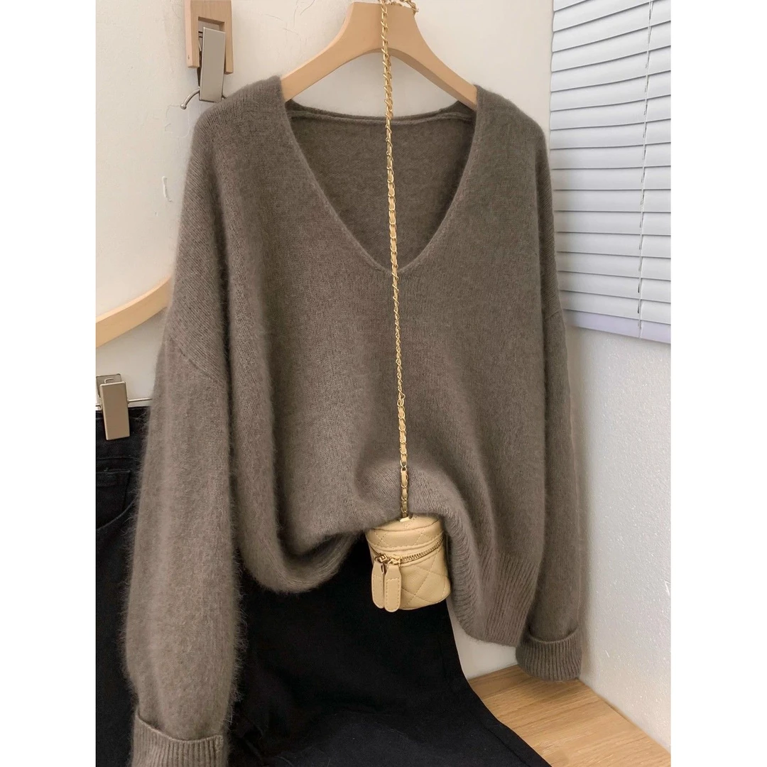 墙裂推荐！驼色v领打底套头毛衣女秋冬季欧货高级感慵懒针织衫上衣