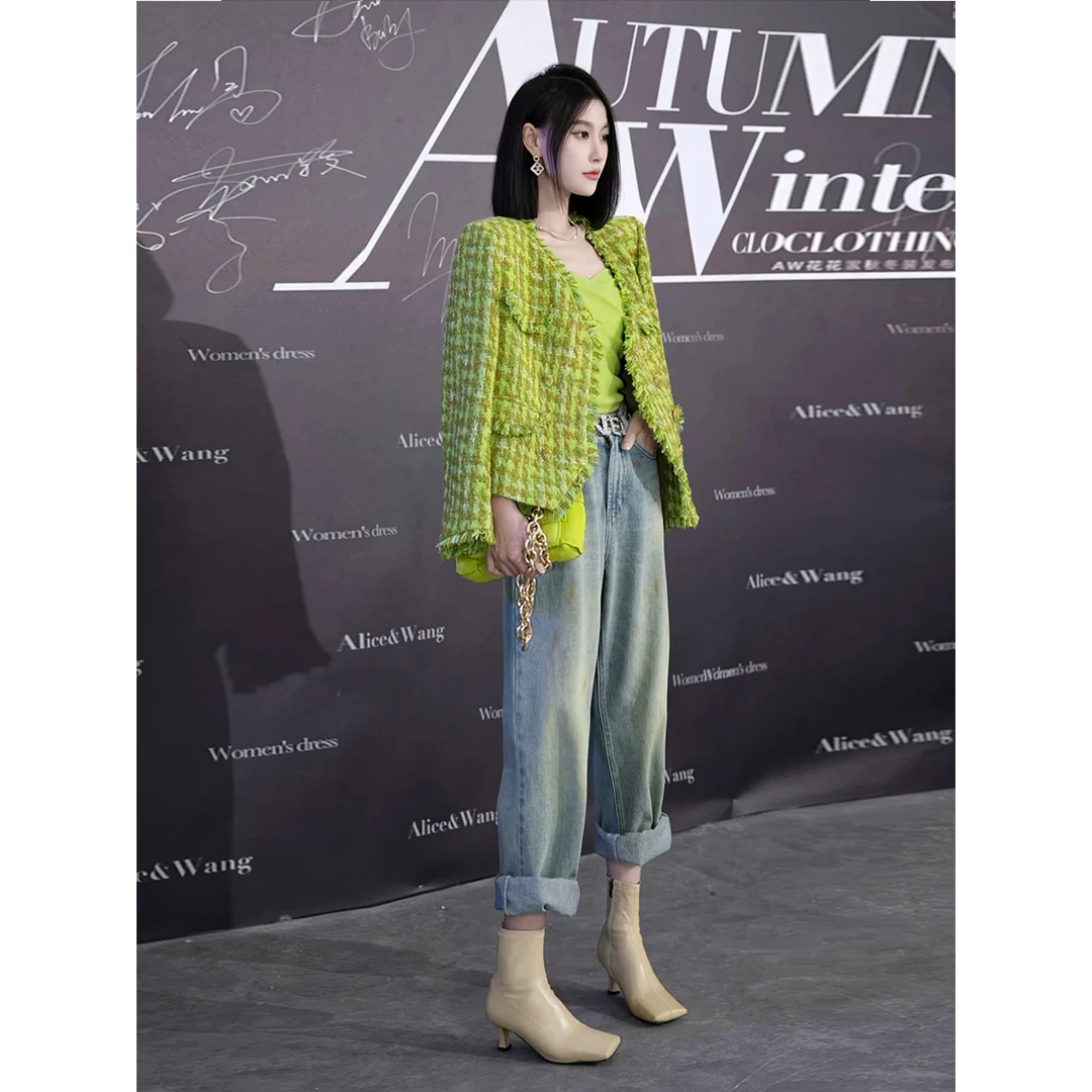 新款绿色小香风粗花呢编织外套女秋季2025新款设计感修身时尚上衣