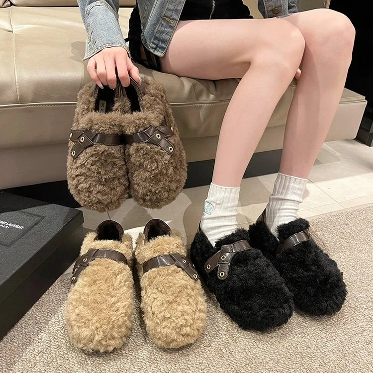 一脚蹬豆豆鞋女冬2025新款百搭羊羔毛毛鞋外穿一字扣加绒保暖棉鞋
