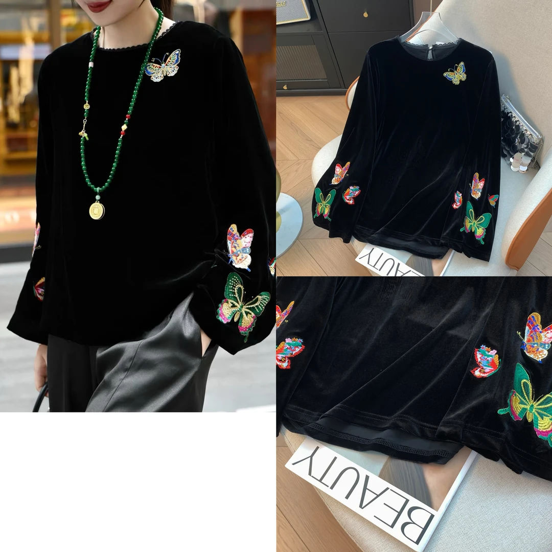 3240【茶芙巷】蝶舞新中式重工蝴蝶刺绣百搭丝绒长袖国风衬衫【YLL】