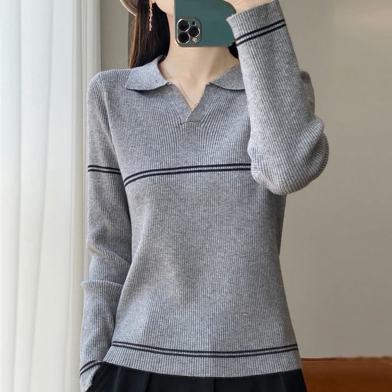 哥弟阿玛施正品条纹羊毛针织长袖t恤女套头秋季新款韩版宽松上衣