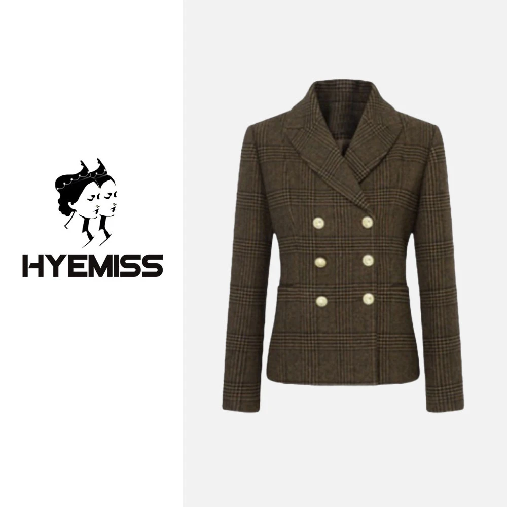 HYEMISSJKE4T040冬季新款满分绵羊毛复古格纹双排扣毛呢西装外套