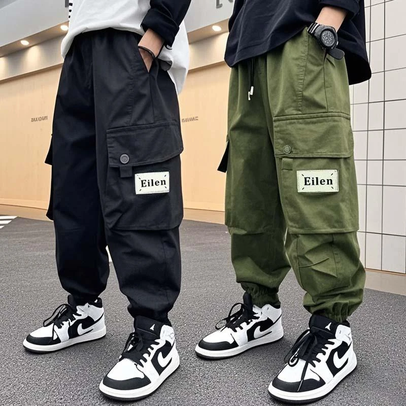 潮走童装男童冰丝工装裤春夏中大童宽松休闲 裤男孩束脚长裤大口