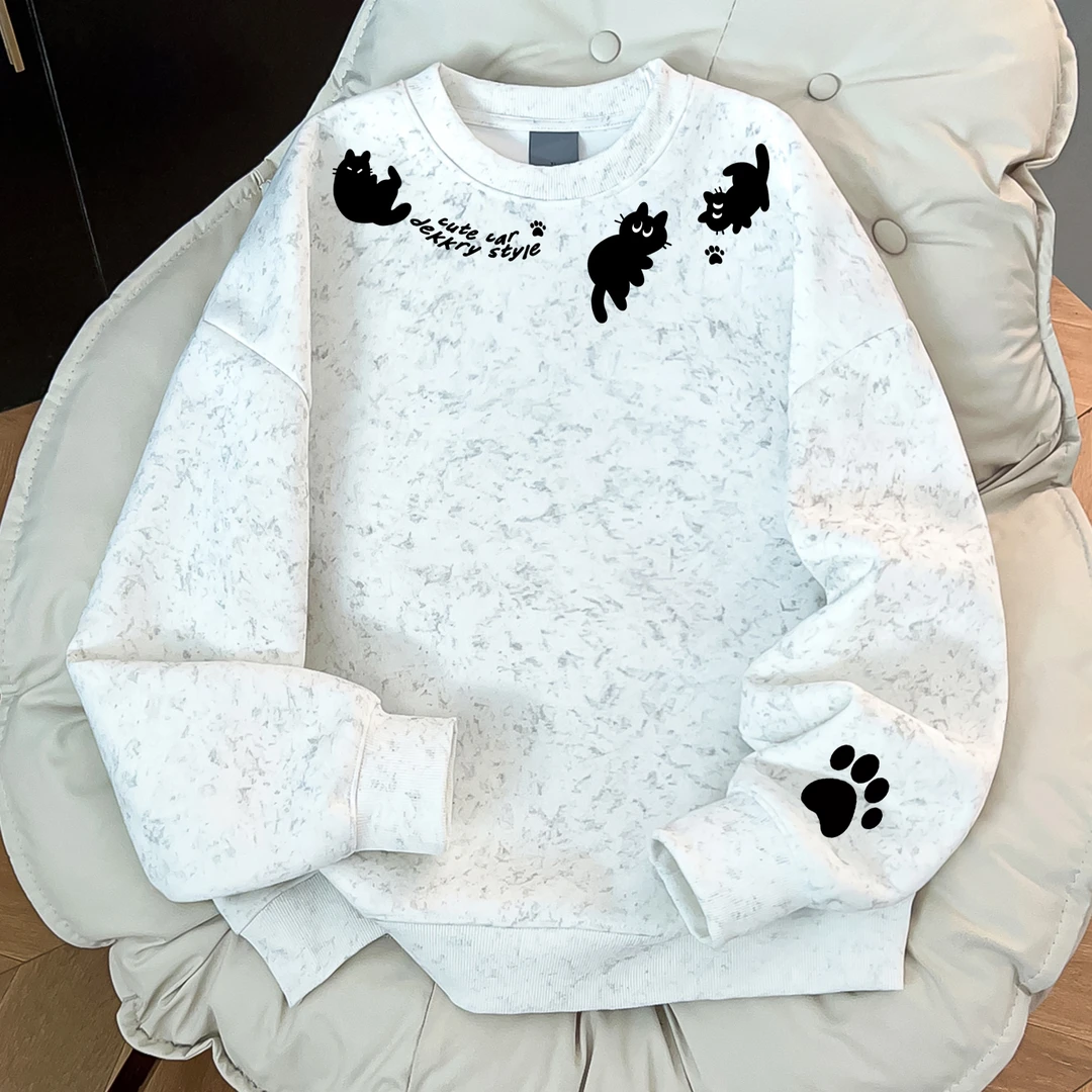 美式卡通印花蜡染加绒加厚重磅卫衣男女休闲时尚秋冬圆领白色上衣