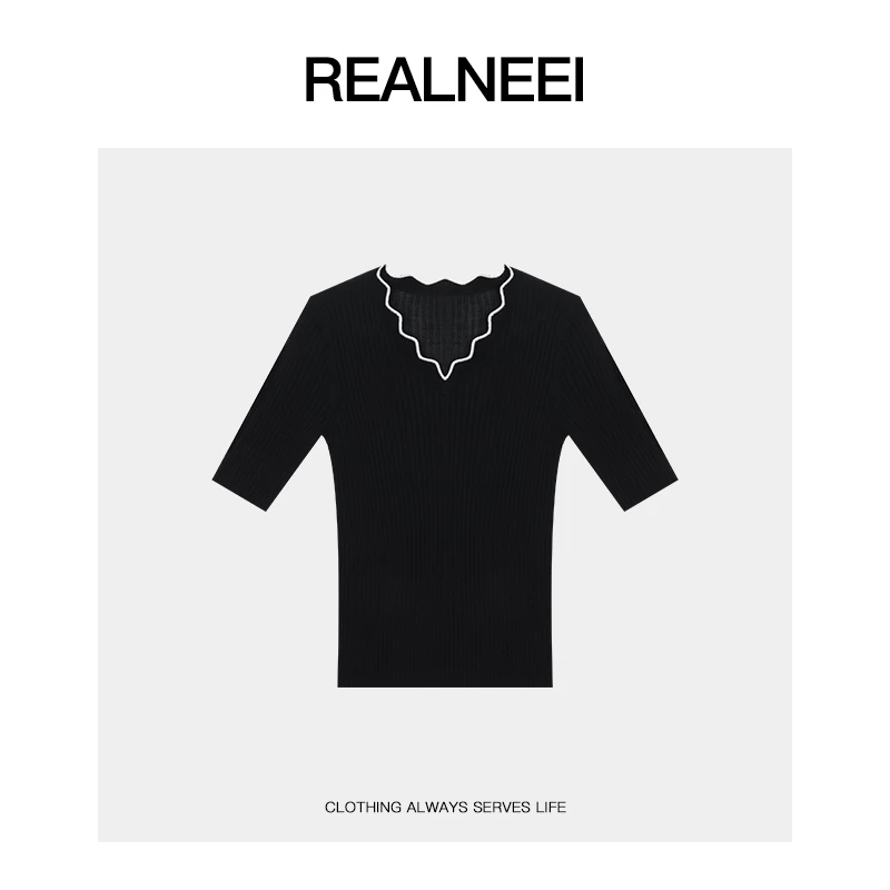 REALNEEI【】极简99天丝波浪领口设计  超轻薄针织T恤22639