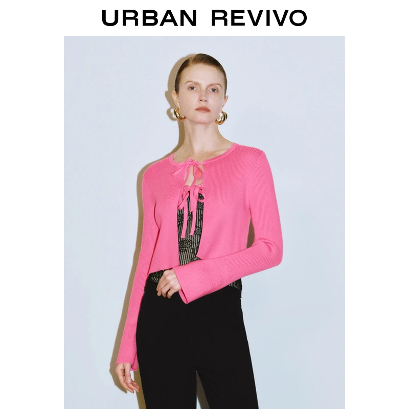 UR2025秋季新款女装时尚设计感系带圆领针织开衫UWG950093