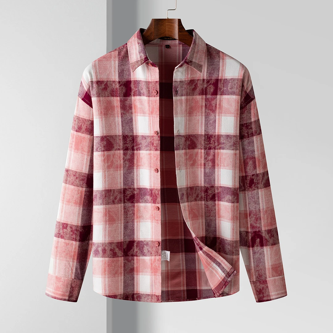 【水洗做旧工艺】经典格子衬衫男长袖衬衫男宽松仿牛仔衬衫男衬衣
