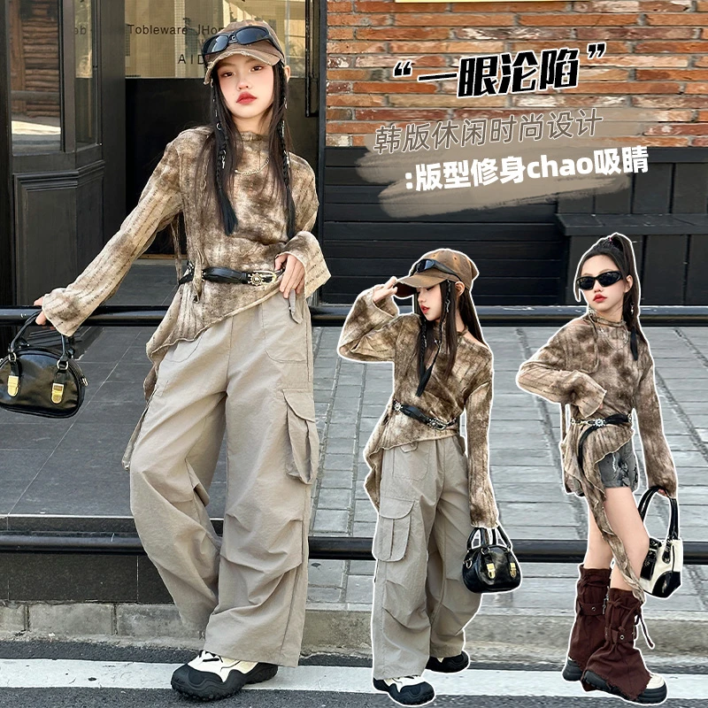 【毛妈潮牌】女童春秋时髦燕尾工装裤套装2025新款中大童时尚两件套