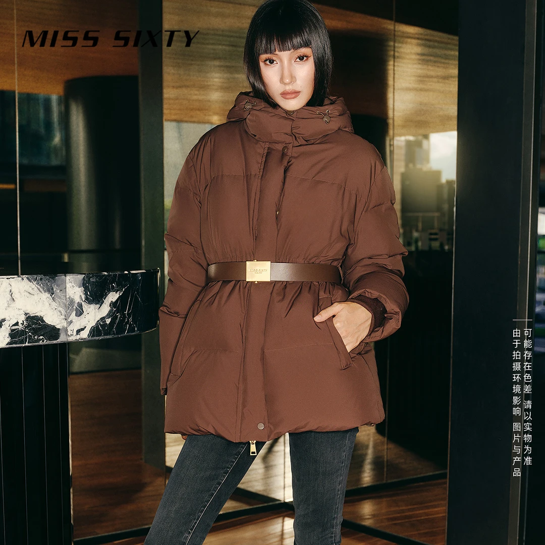 Miss Sixty秋季新款羽绒服女连帽双拉链配腰带