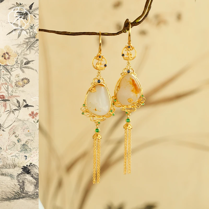 东方俪DOFUNLY【秋月白】和田玉流苏荷花18K金耳坠ZLEZ雅韵