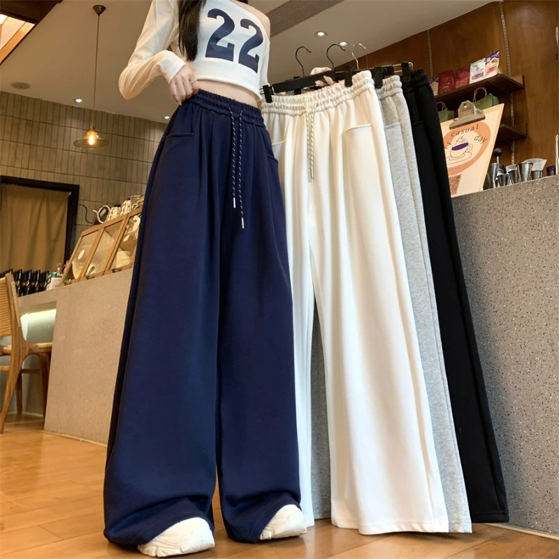 大码美式藏青色阔腿运动裤女秋冬高腰显瘦垂感加绒宽松休闲卫裤