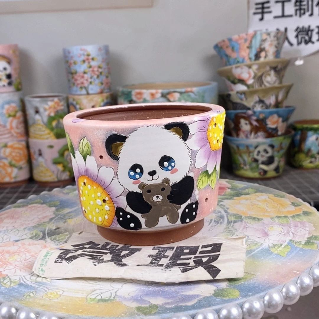 紫砂花盆红陶手绘花盆