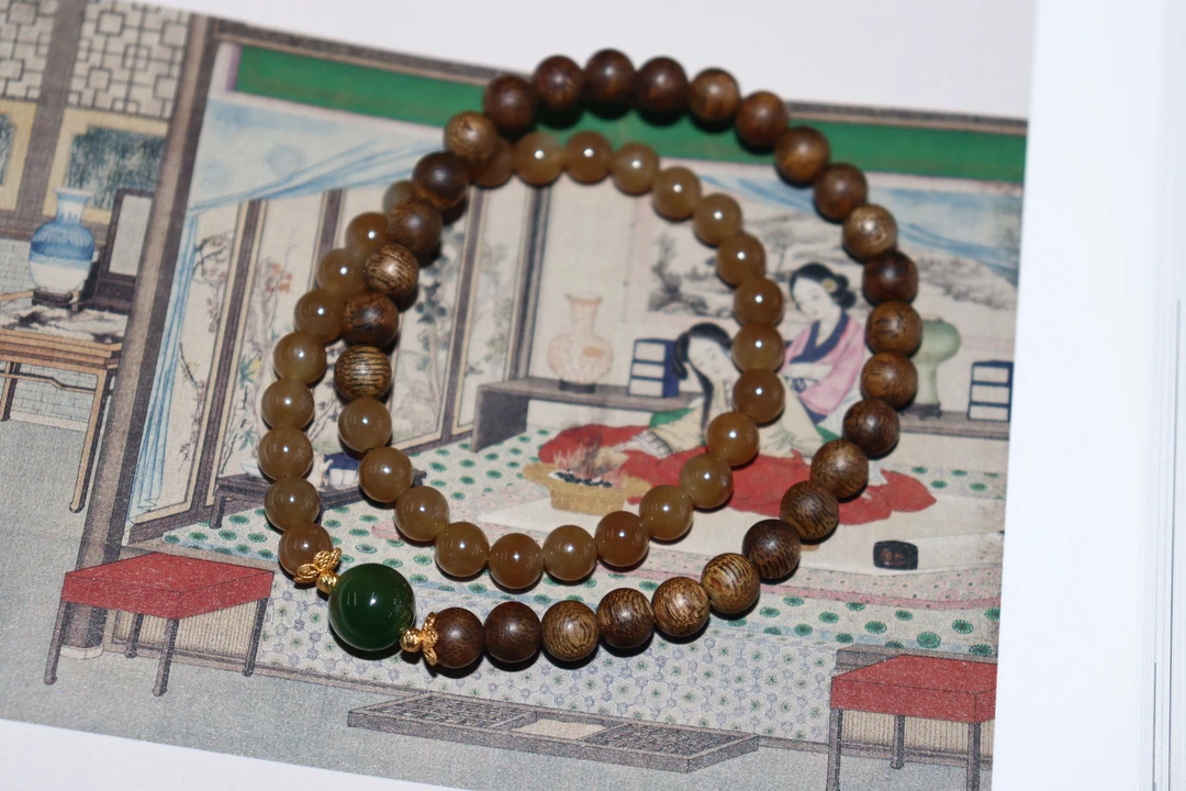 【楚沁】棋楠沉香6mm念珠搭配和田玉