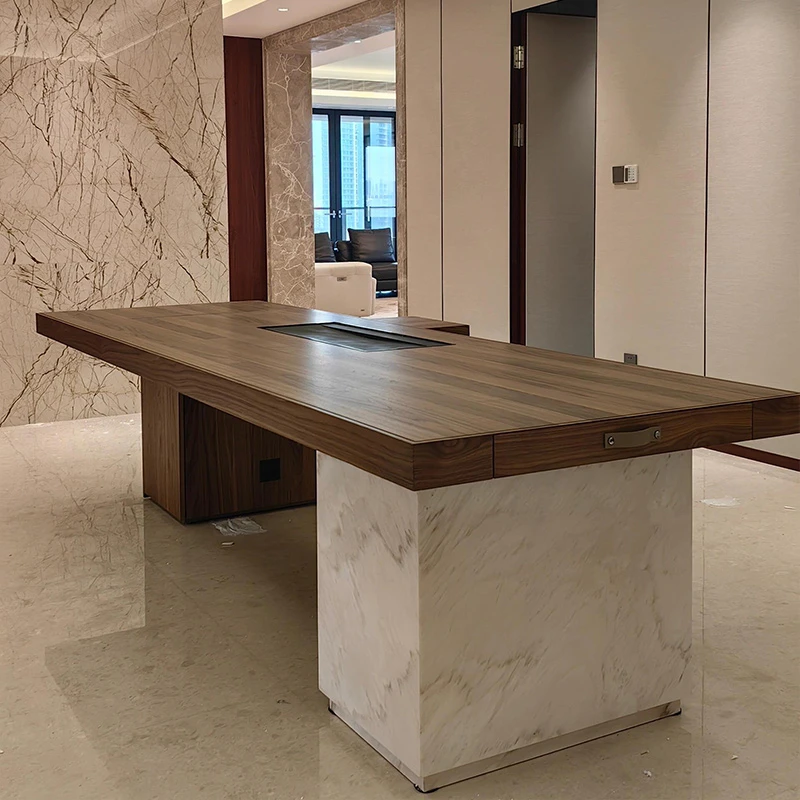 新中式实木岩板茶桌2025新款高端现代简约胡桃木客厅茶室泡茶桌