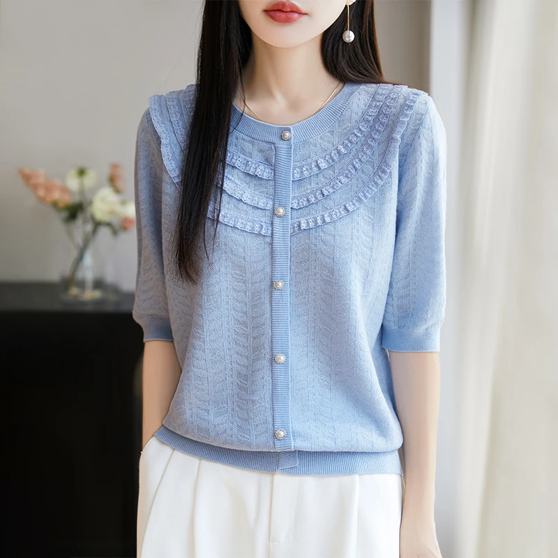 蕾丝木耳边圆领开衫夏季女士薄款洋气珍珠扣半袖上衣气质甜美