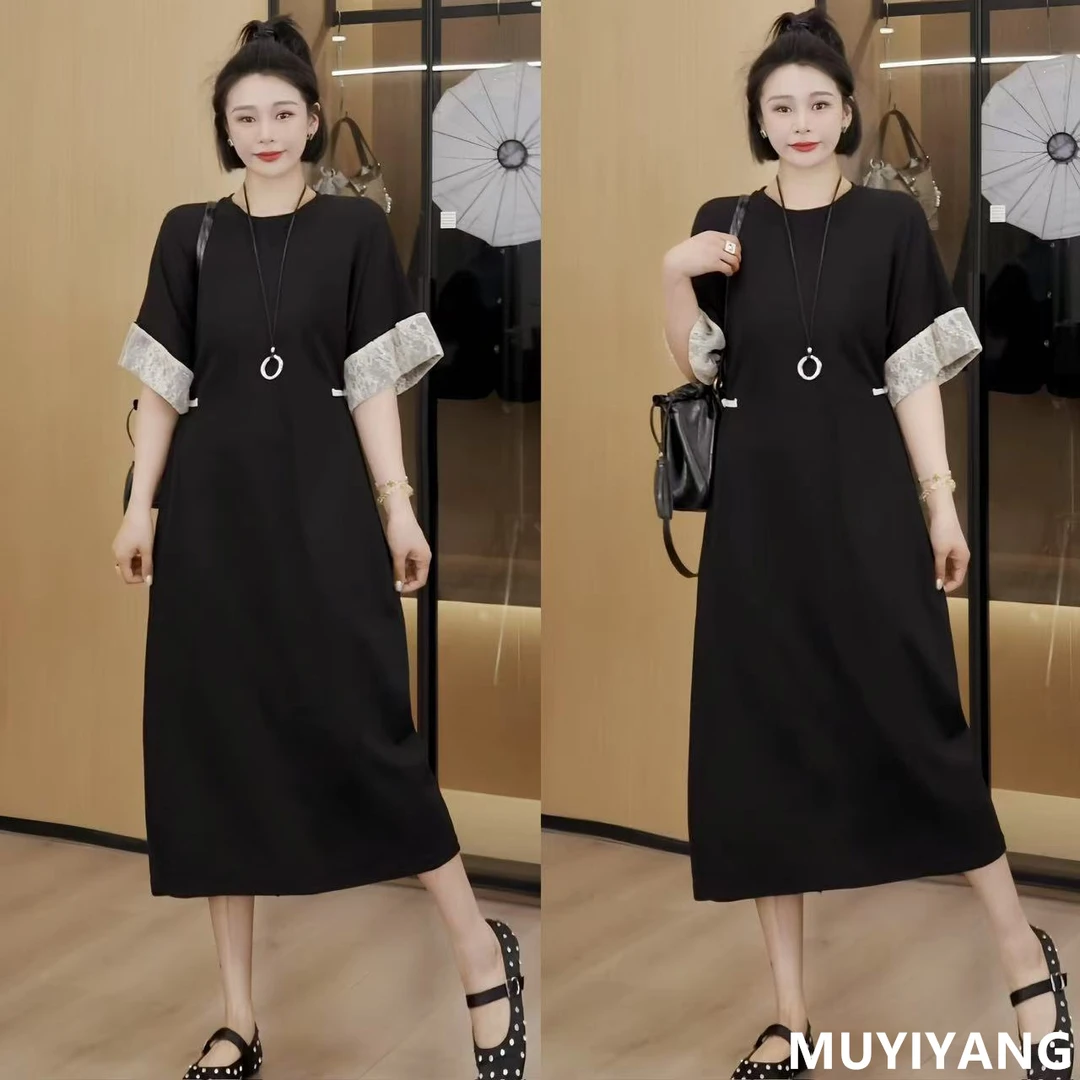 【别恋】袖口拼接蕾丝腰部盘扣可调节气质连衣裙 衣长112 24-238#