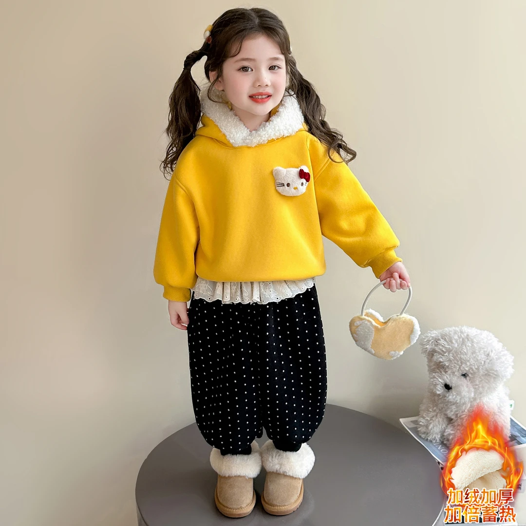 【加绒保暖】女童秋冬季连帽卫衣套装可爱甜美花边卡通风童装cc