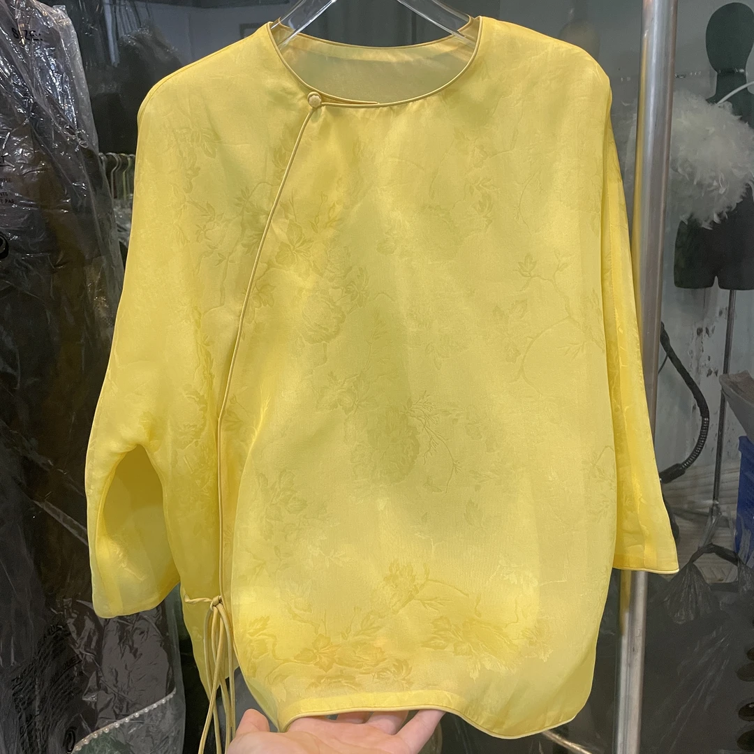 2025新款提花7分袖复古风衬衫斜襟上衣双面黄色小衫