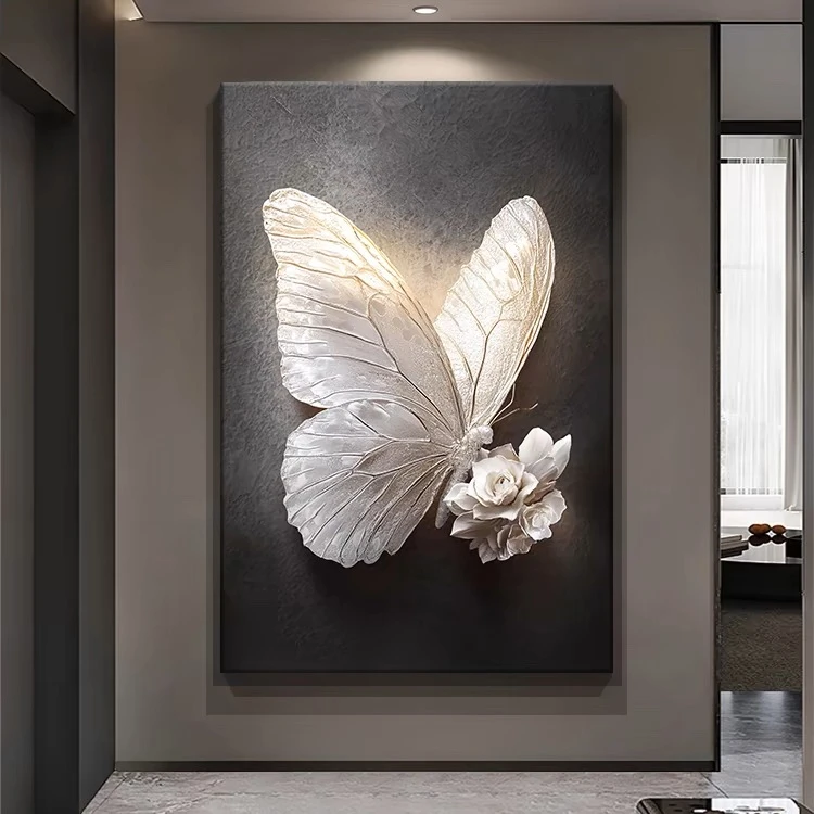【梦蝶】轻奢黑白蝴蝶立体感现代高级感砂岩画客厅沙发背景墙装饰画