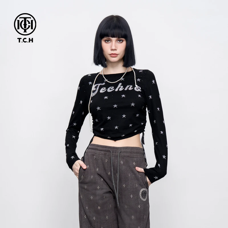 TCH-潮牌时尚百搭黑色长袖打底T恤针织衫T75A098001