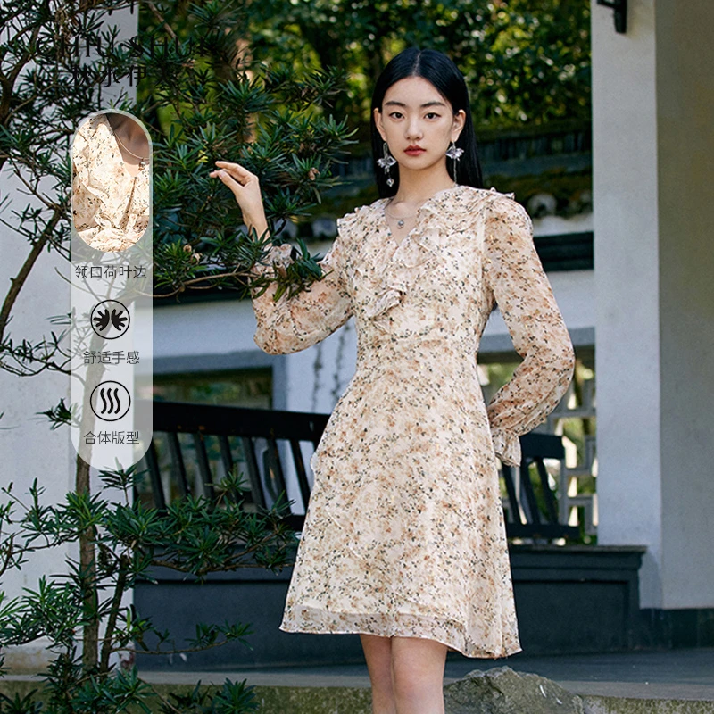 秋水伊人法式印花雪纺连衣裙装新款收腰显瘦修身V623102B021245