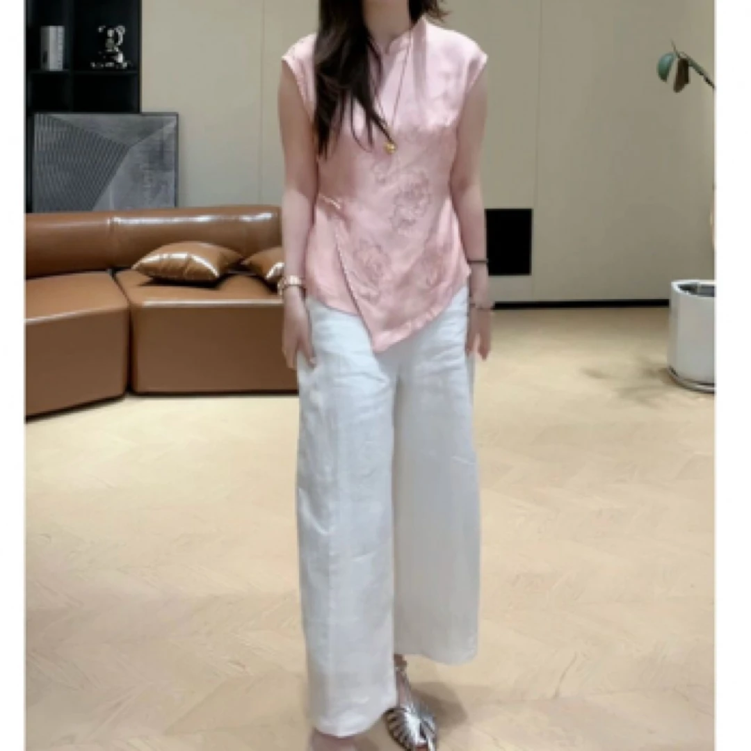 新中式国风时尚无袖上衣搭配阔腿裤