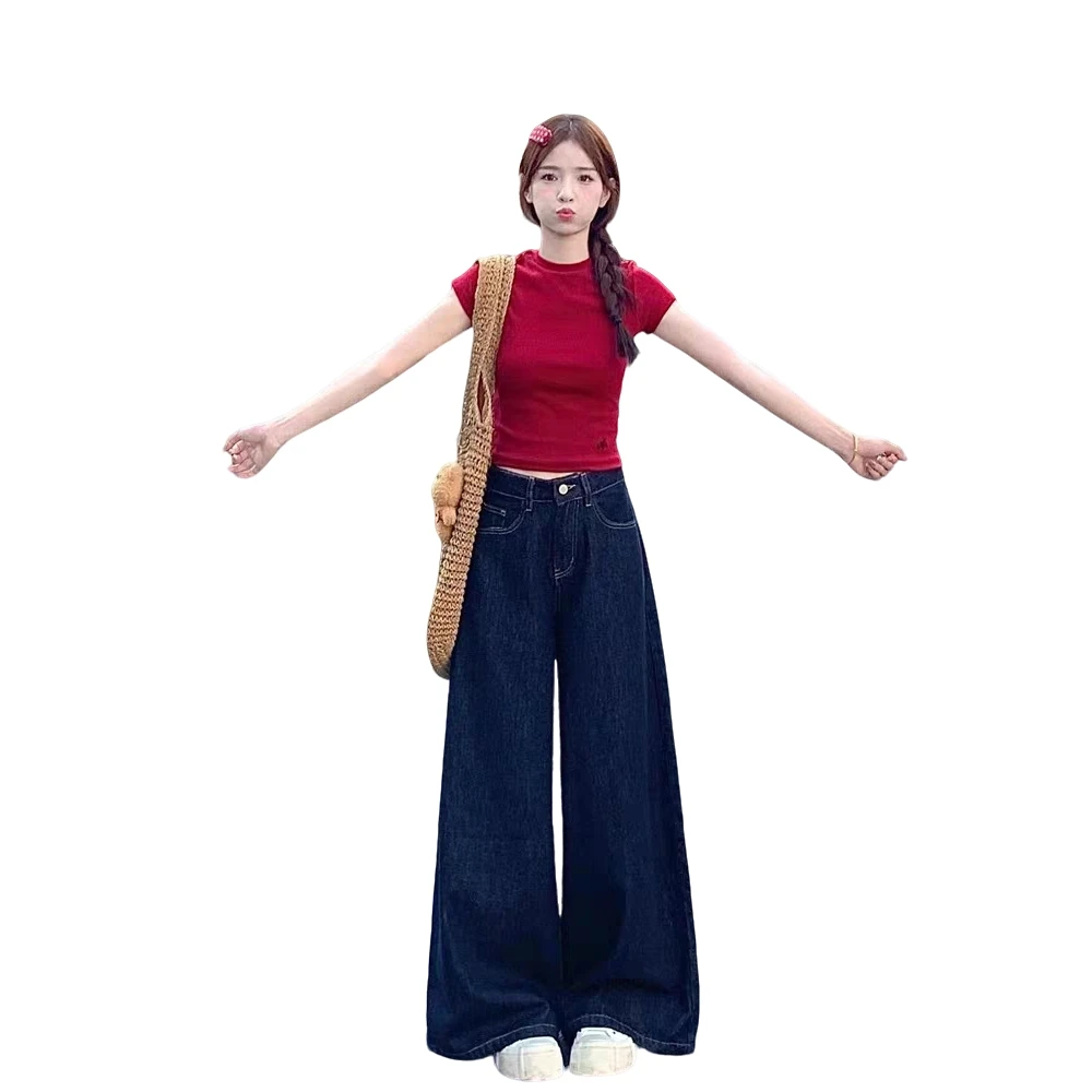 深蓝色高腰牛仔裤春季新款宽松遮肉显瘦复古百搭垂感阔腿裤子女款