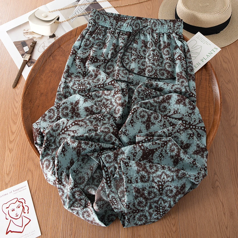 印花冰丝阔腿裤女2025新款夏日轻薄防晒休闲裤宽松垂坠感直筒裤子